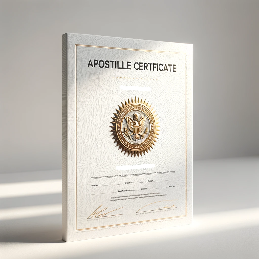 An elegant Power of Attorney document with an Apostille certificate and golden seal, scrutinized under a magnifying glass on a navy blue background, representing professional Apostille services.