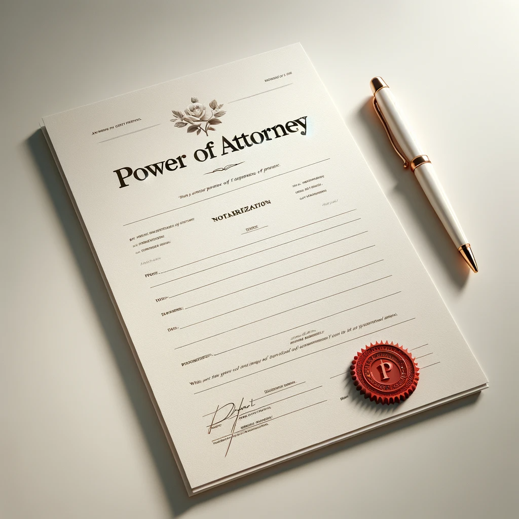 A minimalist Power of Attorney document with a red notary seal, set against a white background, representing a notarization service.