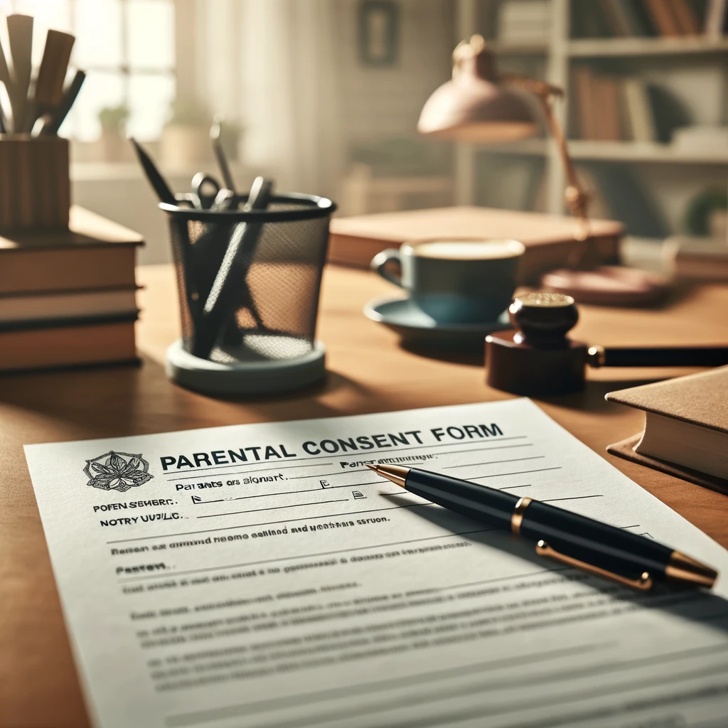 "Close-up of a completed parental consent form on a desk with a pen, notary stamp, books, and a coffee cup, in a home office setting."