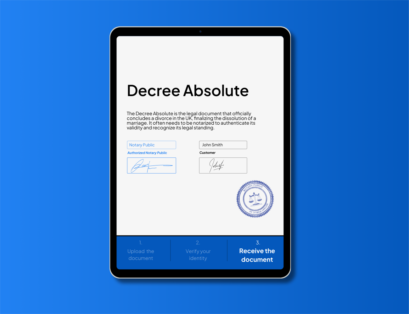 Digital Decree Absolute displayed on a tablet screen with notary and customer signatures, illustrating the online notarization process for divorce documents in the UK – relevant for legal authentication services offered at NotaryPublic24.com.