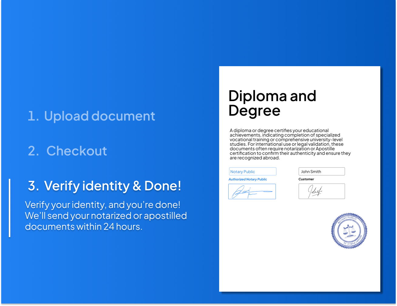 Fast online notarization process for diplomas and degrees – upload, checkout, verify identity, and receive apostilled documents within 24 hours at NotaryPublic24.com
