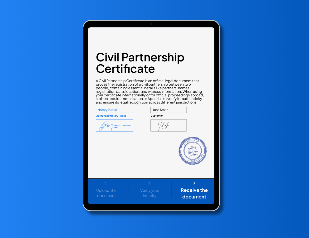 Digital view of a notarized civil partnership certificate with official notary seal. Fast and secure online Apostille and notarization service for legal use across international jurisdictions.