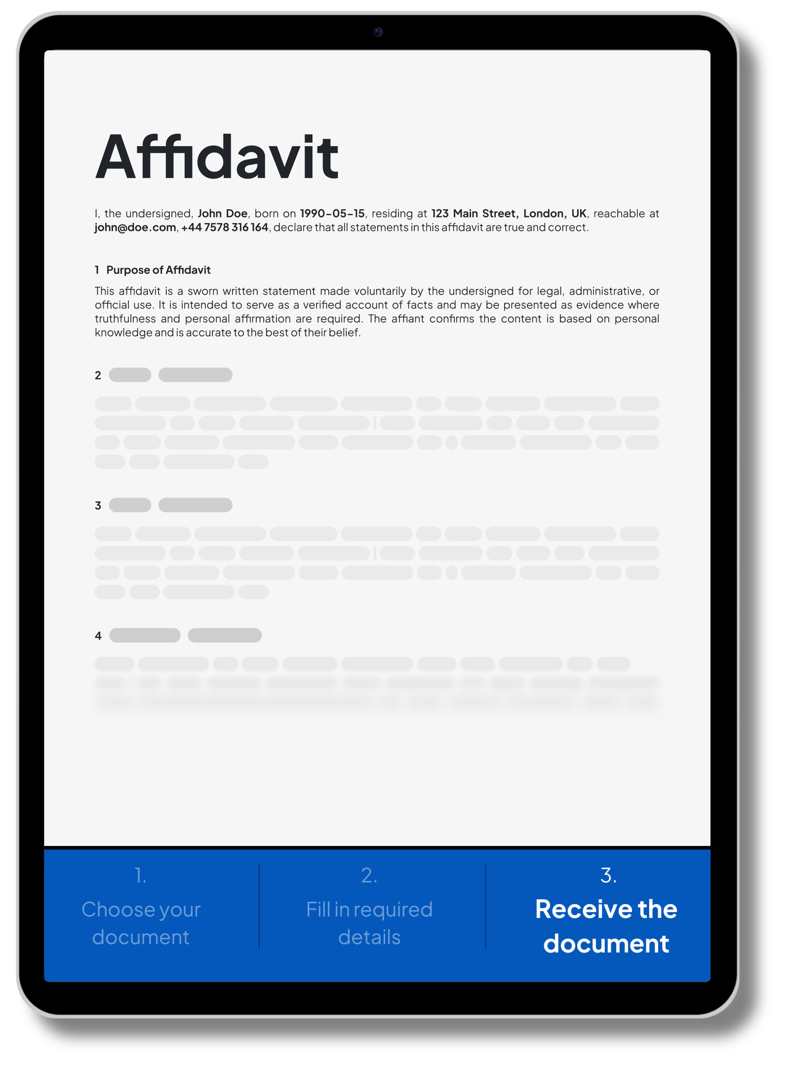 Affidavit form template displayed on a tablet screen, showing a sworn statement with declarant’s personal and contact details. The form is intended for legal, administrative, or official purposes, verifying facts with personal affirmation. Features a step-by-step process to choose the document, fill in required fields, and receive the final affidavit—offered by NotaryPublic24.com for fast and secure use.