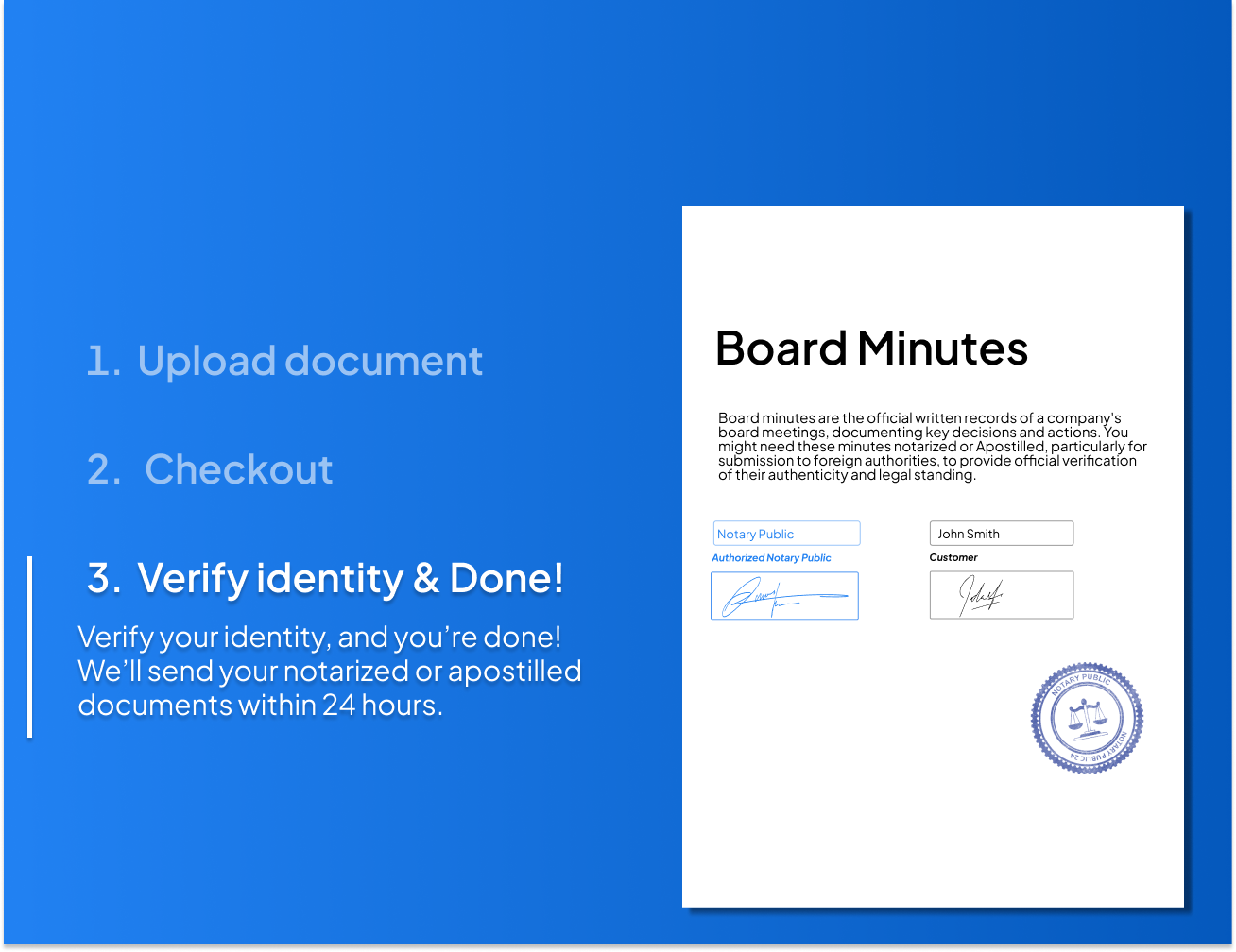 Online process for notarizing and apostilling Board Minutes with NotaryPublic24 – upload your document, verify identity, and receive official notarized or apostilled minutes within 24 hours for international legal use.