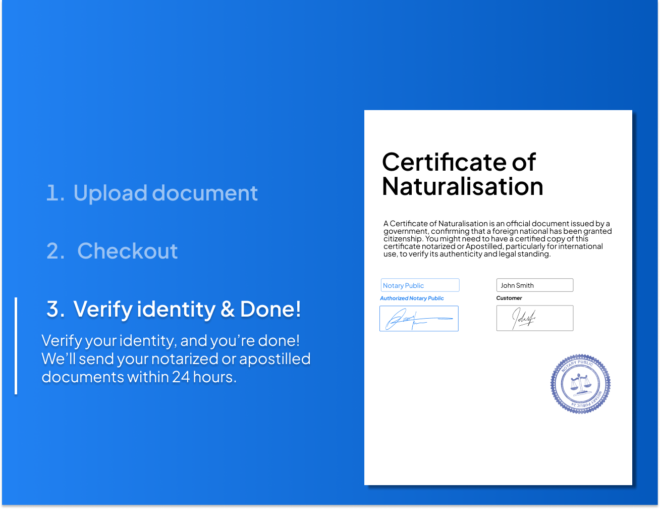 Online process for notarizing and apostilling a Certificate of Naturalisation with NotaryPublic24 – upload your certificate, verify your identity, and receive your notarized or apostilled copy within 24 hours for international use.