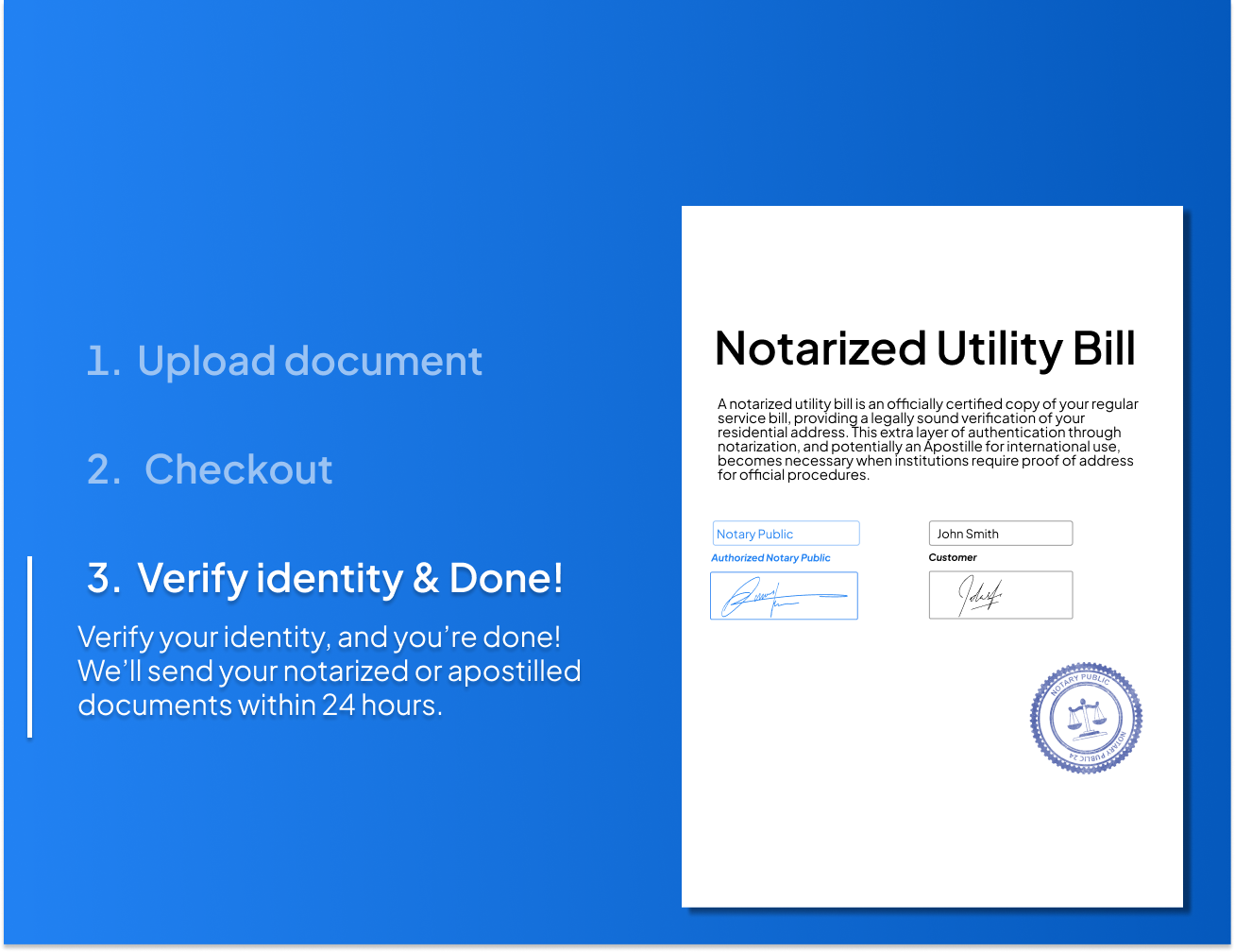 Step-by-step online notarization process to get a notarized utility bill shown on a blue background with document upload, checkout, and identity verification steps by NotaryPublic24.com.