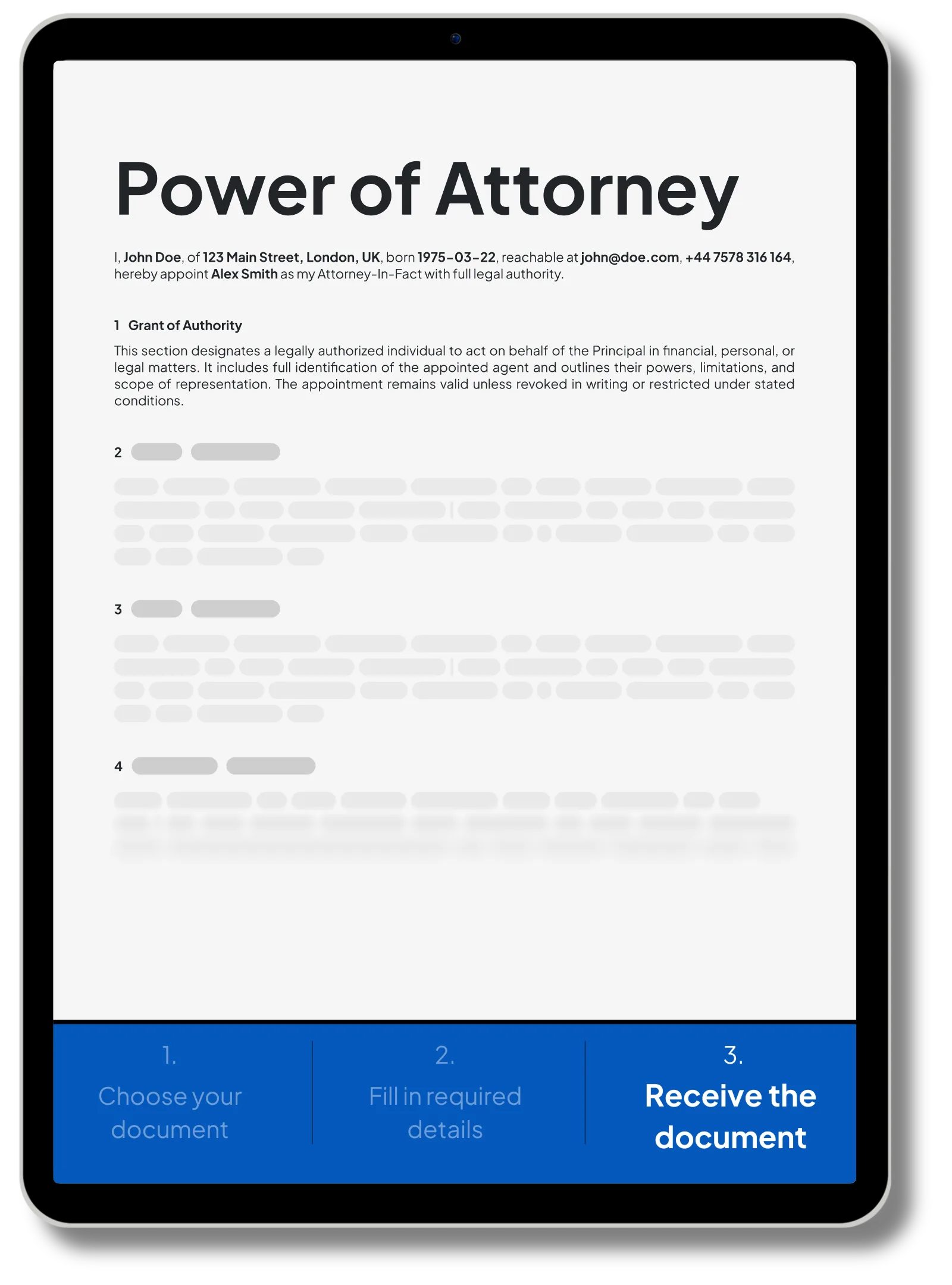 Power of Attorney form template shown on a tablet screen. The document includes legal appointment details, contact information, and clearly defined authority granted to an Attorney-In-Fact. Users are guided through three steps: choose the document, fill in required details, and receive the final form. Ideal for legal representation, financial authority, or personal matters—available instantly through NotaryPublic24.com.