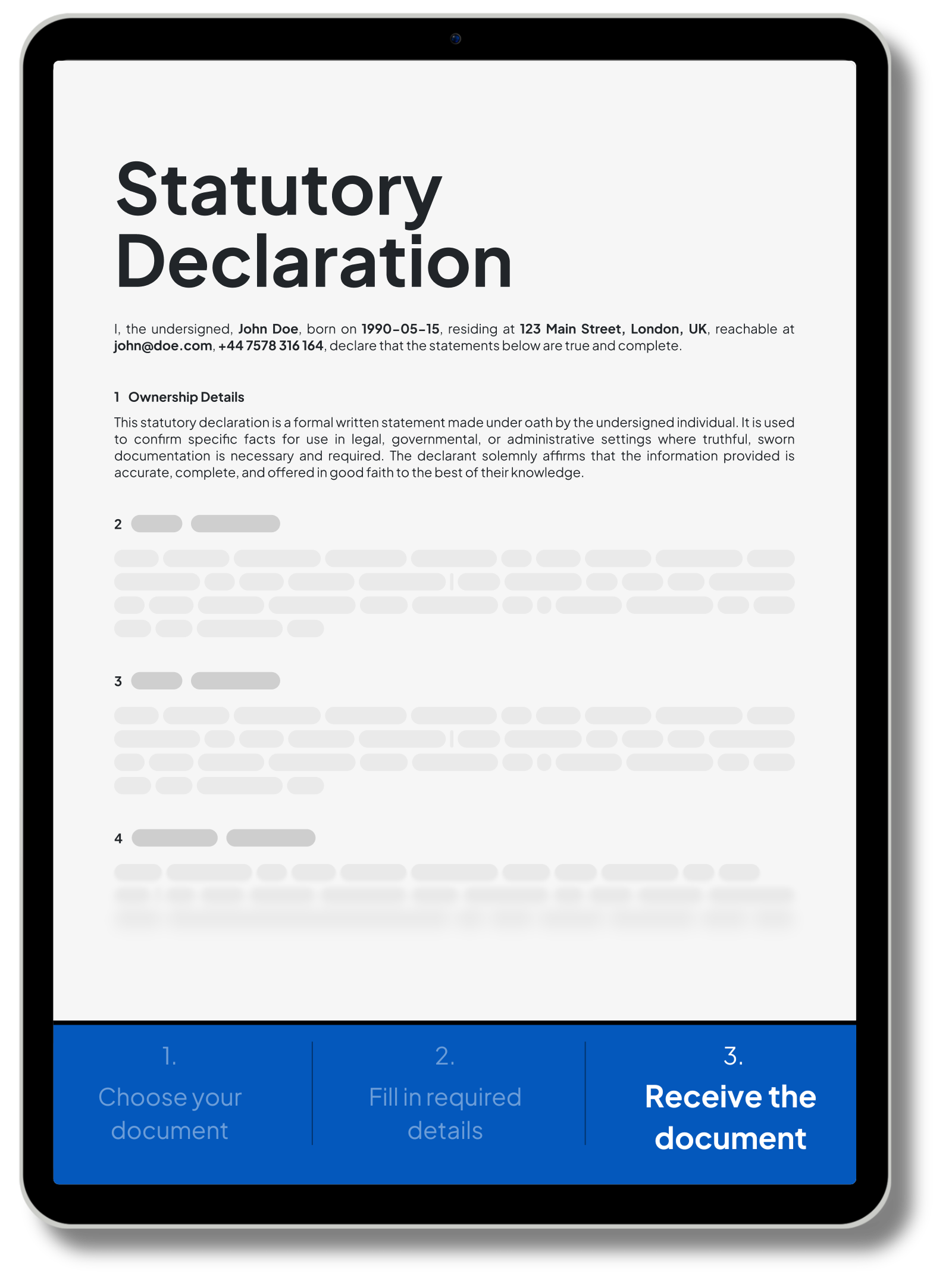 Statutory Declaration form template displayed on a tablet screen, featuring a formal statement made under oath. Includes declarant’s personal details, ownership information, and legal affirmation of truth and accuracy. Designed for use in legal, governmental, or administrative proceedings. Three-step guidance at bottom: choose your document, fill in required details, and receive the finalized form via NotaryPublic24.com.