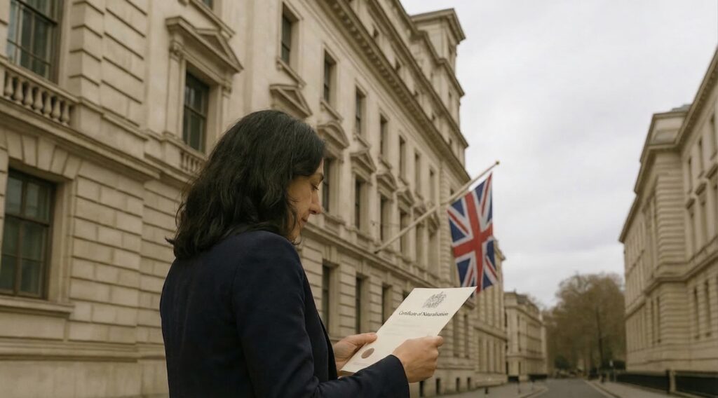 Woman holding a UK Certificate of Naturalisation outside a government building in London with a Union Jack flag in the background.