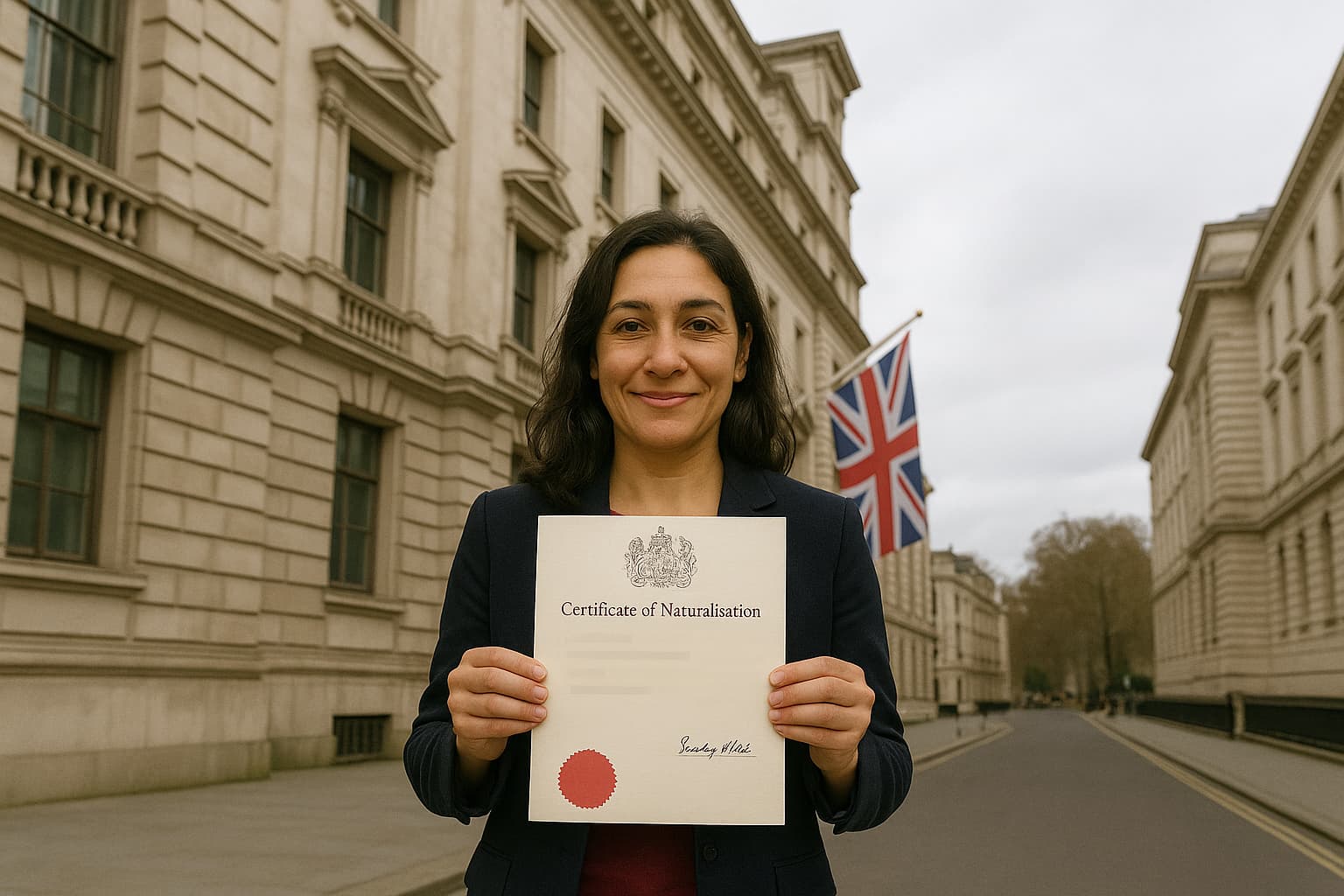 Woman holding a UK Certificate of Naturalisation outside a government building in London. NotaryPublic24 provides fast and secure notarization and apostille services for naturalisation certificates and other official UK documents.