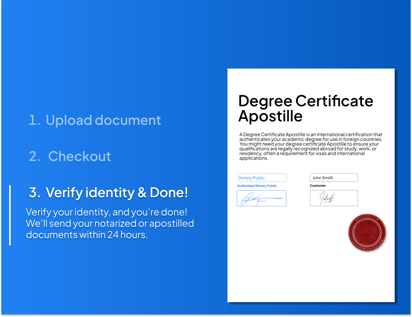 Step-by-step process for obtaining a degree certificate apostille online, featuring digital notarization, notary and customer signatures, and Apostille seal – fast 24-hour delivery by NotaryPublic24
