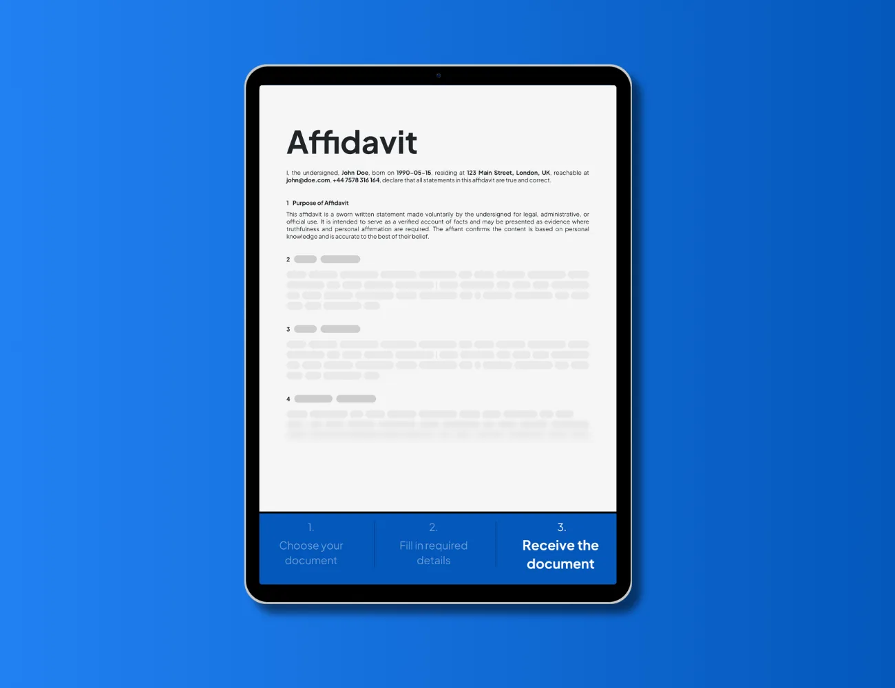 Editable affidavit form template on screen – generate, sign, and notarize an affidavit PDF using NotaryPublic24’s online legal form service.