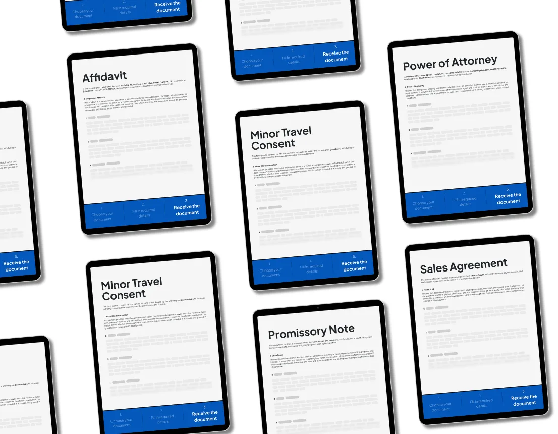 Legally binding online forms from NotaryPublic24 – create, customize, and download affidavit, power of attorney, travel consent, promissory note, and sales agreement templates.