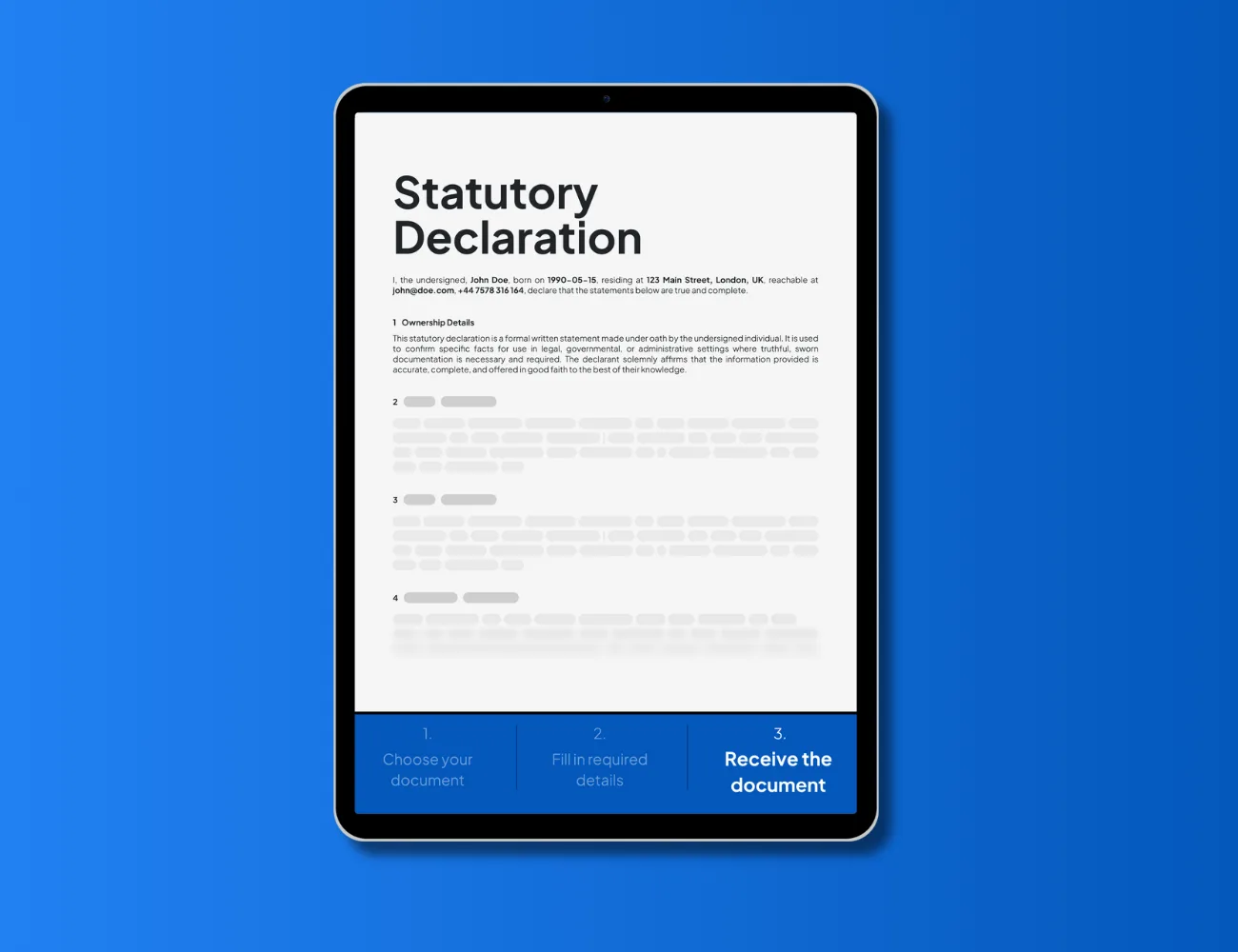 Statutory declaration form template in PDF format on tablet – create, fill out, and download a custom declaration online with NotaryPublic24.