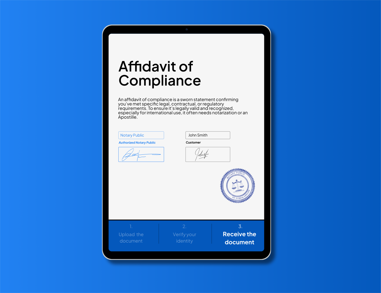 Digital Affidavit of Compliance form with Notary Public seal on tablet – create, notarize, and Apostille compliance affidavits online quickly with NotaryPublic24 for legal, contractual, or regulatory requirements.