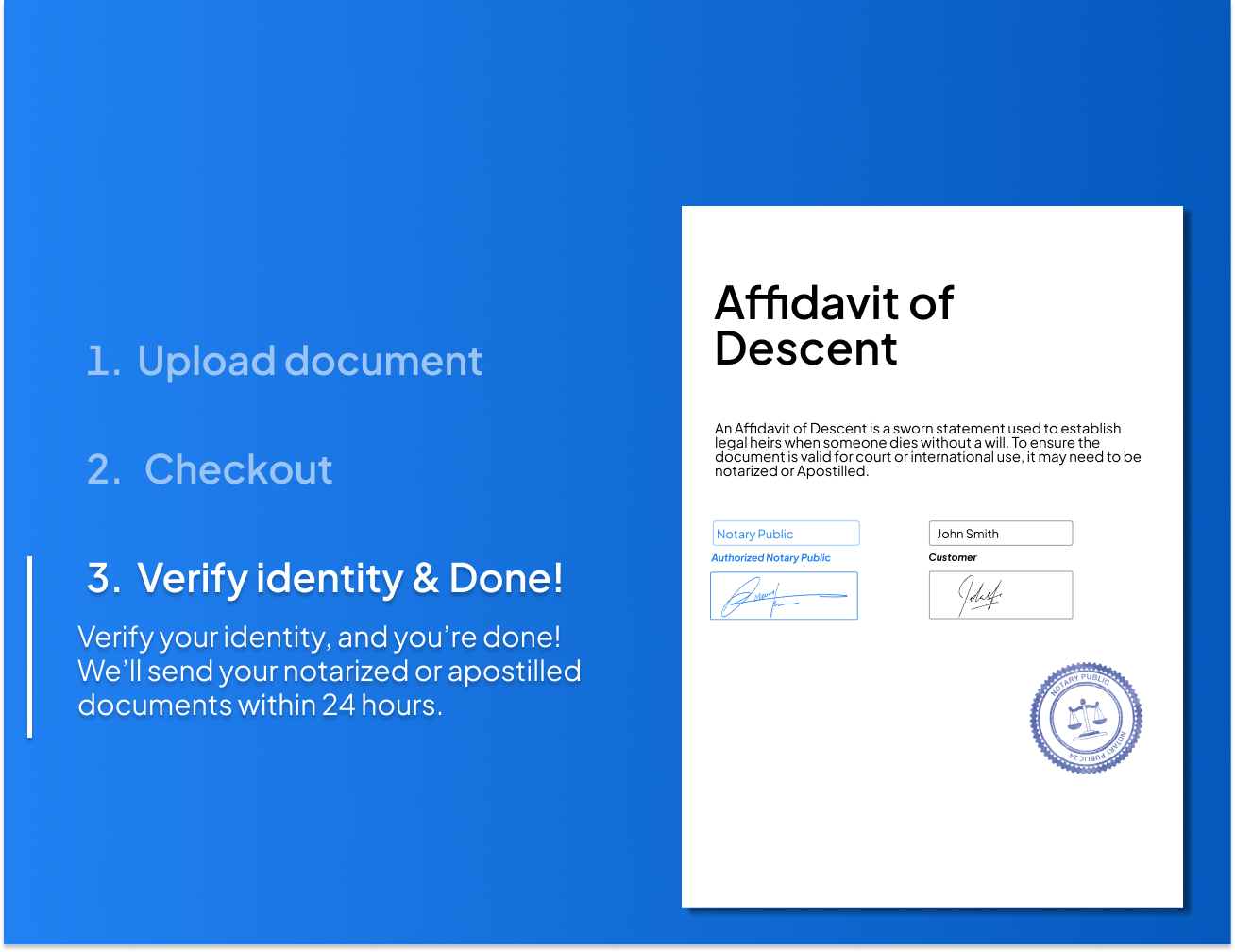 Step-by-step process to notarize or Apostille an Affidavit of Descent online with NotaryPublic24 – upload your document, complete checkout, verify your identity, and receive notarized or Apostilled documents within 24 hours.