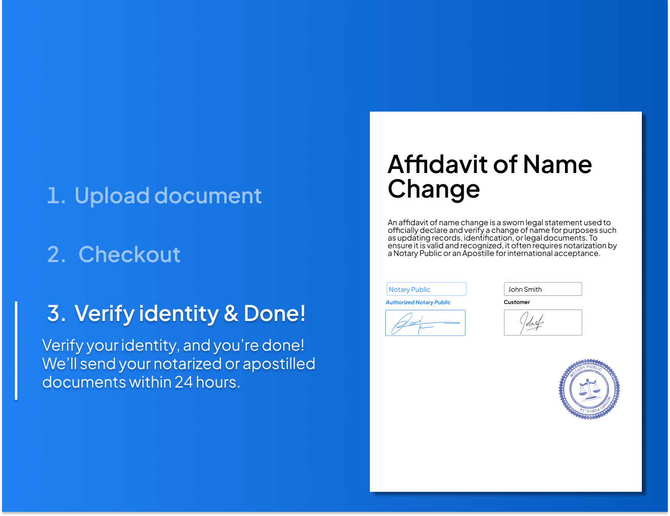Step-by-step process for notarizing an Affidavit of Name Change online with NotaryPublic24 – upload your document, checkout, verify your identity, and receive a notarized or Apostilled affidavit within 24 hours.