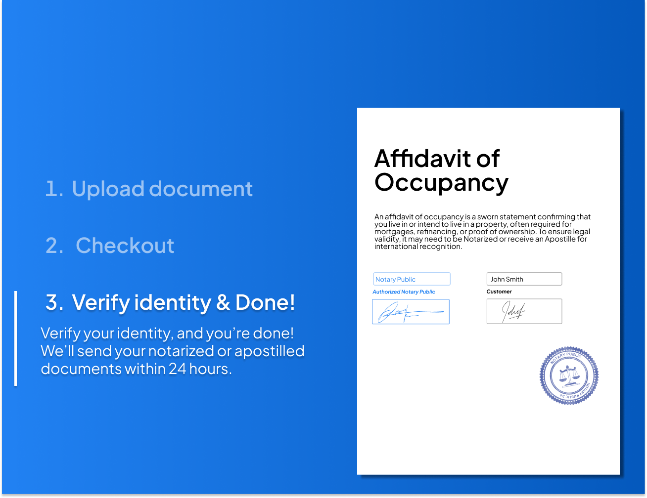 Online affidavit of occupancy form showing notarization process with steps to upload document, checkout, and verify identity on NotaryPublic24
