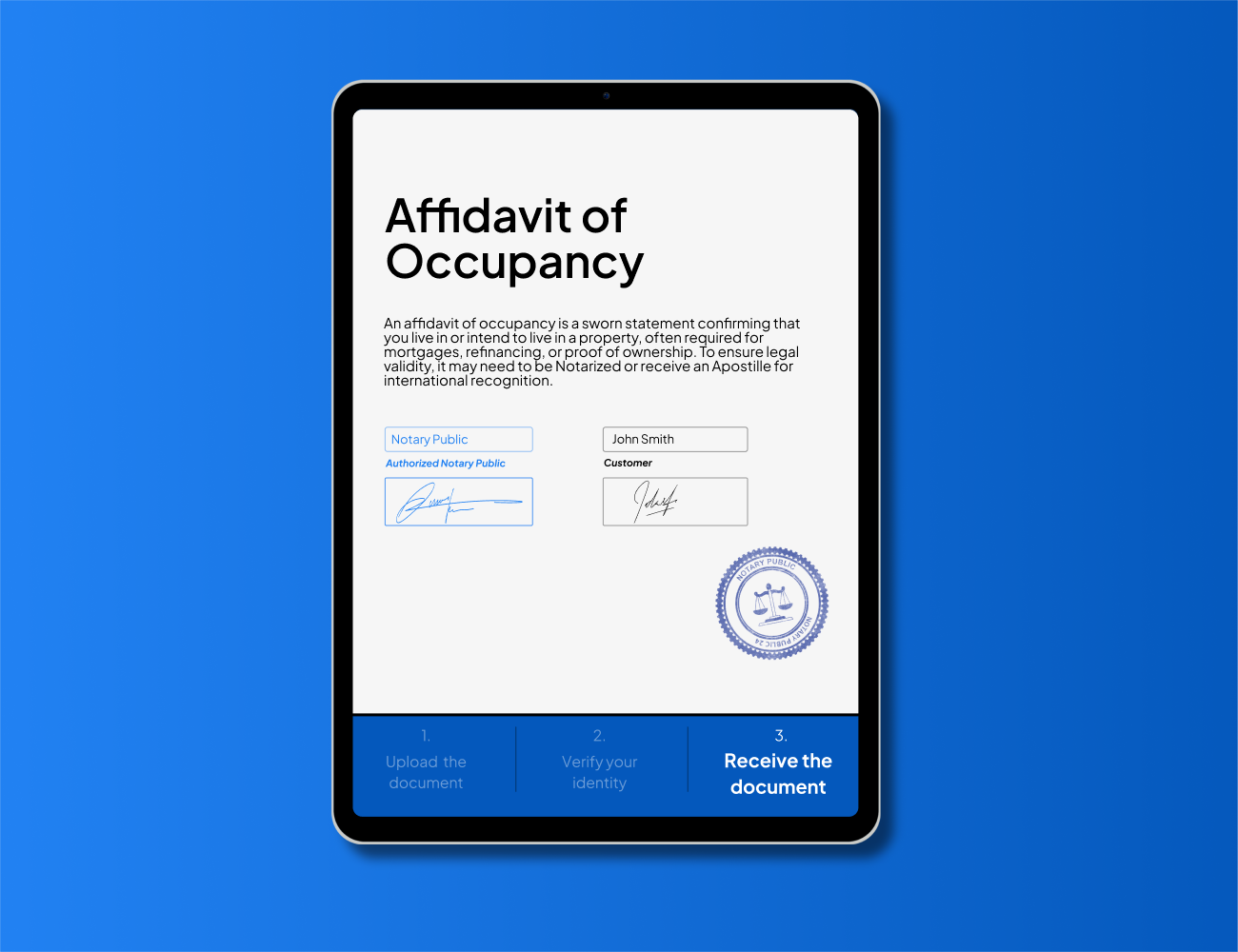 Online affidavit of occupancy form showing notarization process with steps to upload document, checkout, and verify identity on NotaryPublic24