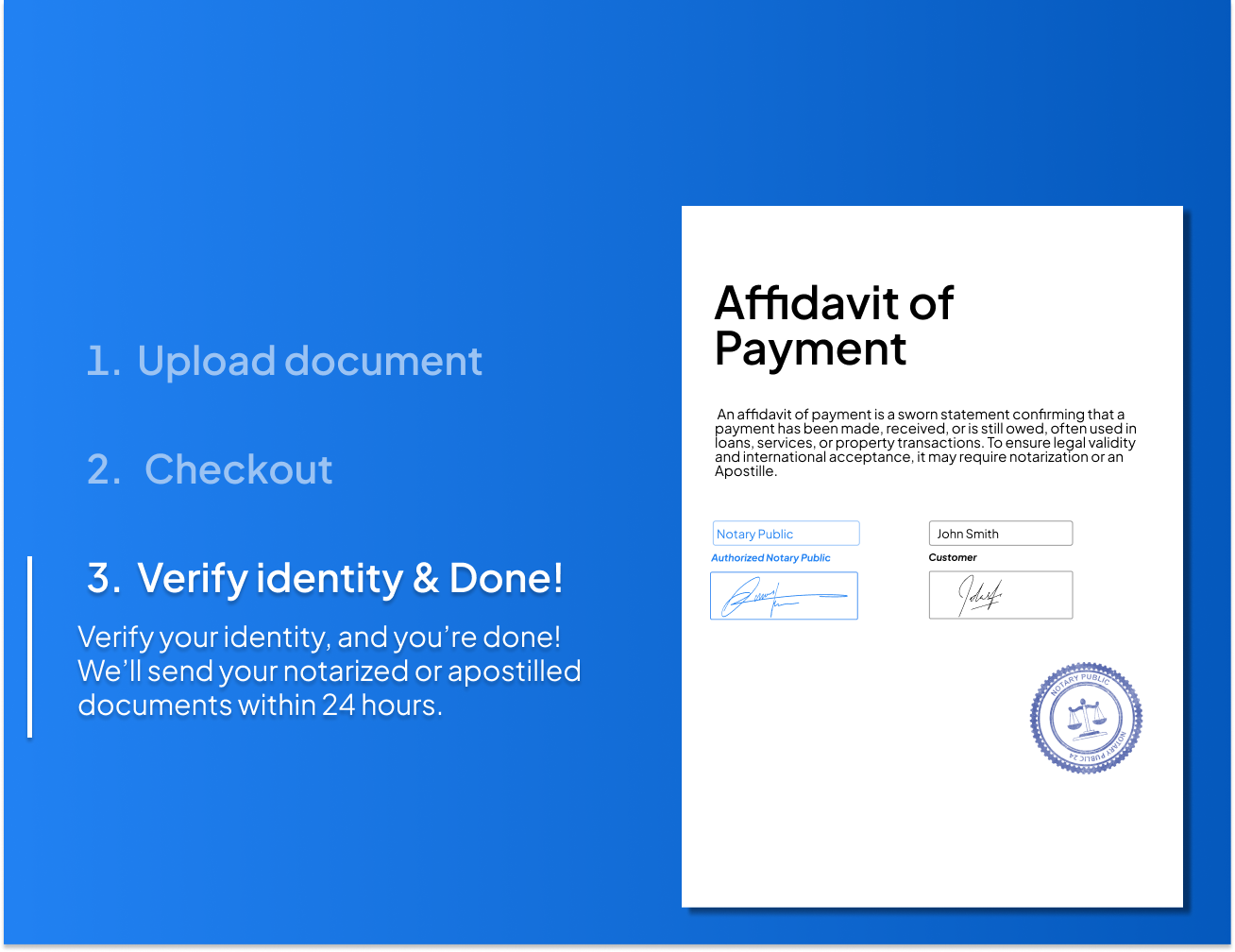 Step-by-step process for notarizing an Affidavit of Payment online with NotaryPublic24 – upload your document, checkout, verify your identity, and receive a notarized or Apostilled affidavit within 24 hours.