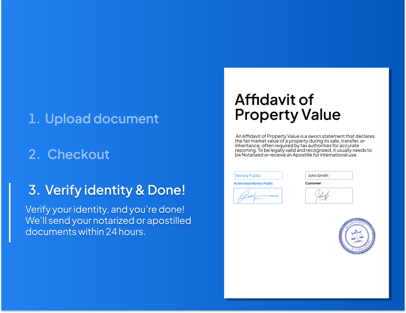 Steps to notarize Affidavit of Property Value online – upload, verify identity, and get Apostille in 24 hours.