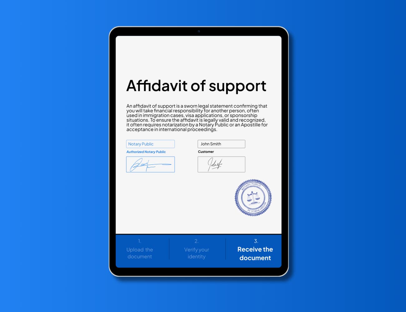 Digital Affidavit of Support form on a tablet, showing online notarization by a Notary Public and fast Apostille service from NotaryPublic24 for immigration, visa, and sponsorship documents.