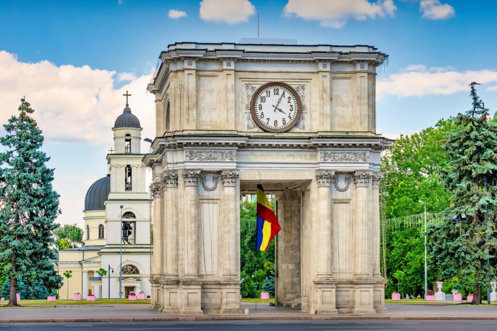 Triumphal Arch in Chișinău, Moldova, symbolizing Moldova joining the 1970 Evidence Convention, improving international recognition of legal and notarized documents.