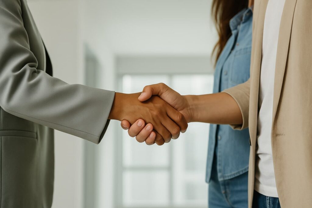 Two people shaking hands in a professional setting, symbolizing agreement and signing of an affidavit of consent for legal or parental use.