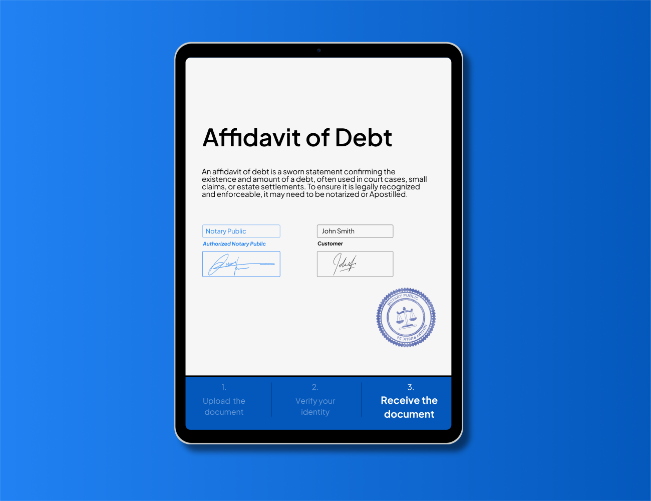 Digital Affidavit of Debt form notarized by a Notary Public through NotaryPublic24 – fast, secure, and legally valid online notarization and Apostille services for debt affidavits.