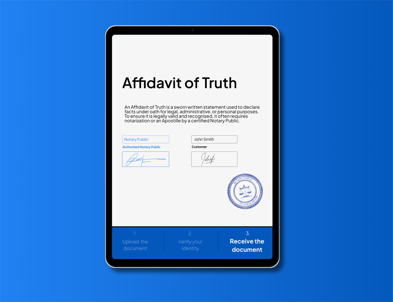 Digital Affidavit of Truth form on tablet showing notary signature and seal — fast, secure online notarization and apostille service | NotaryPublic24
