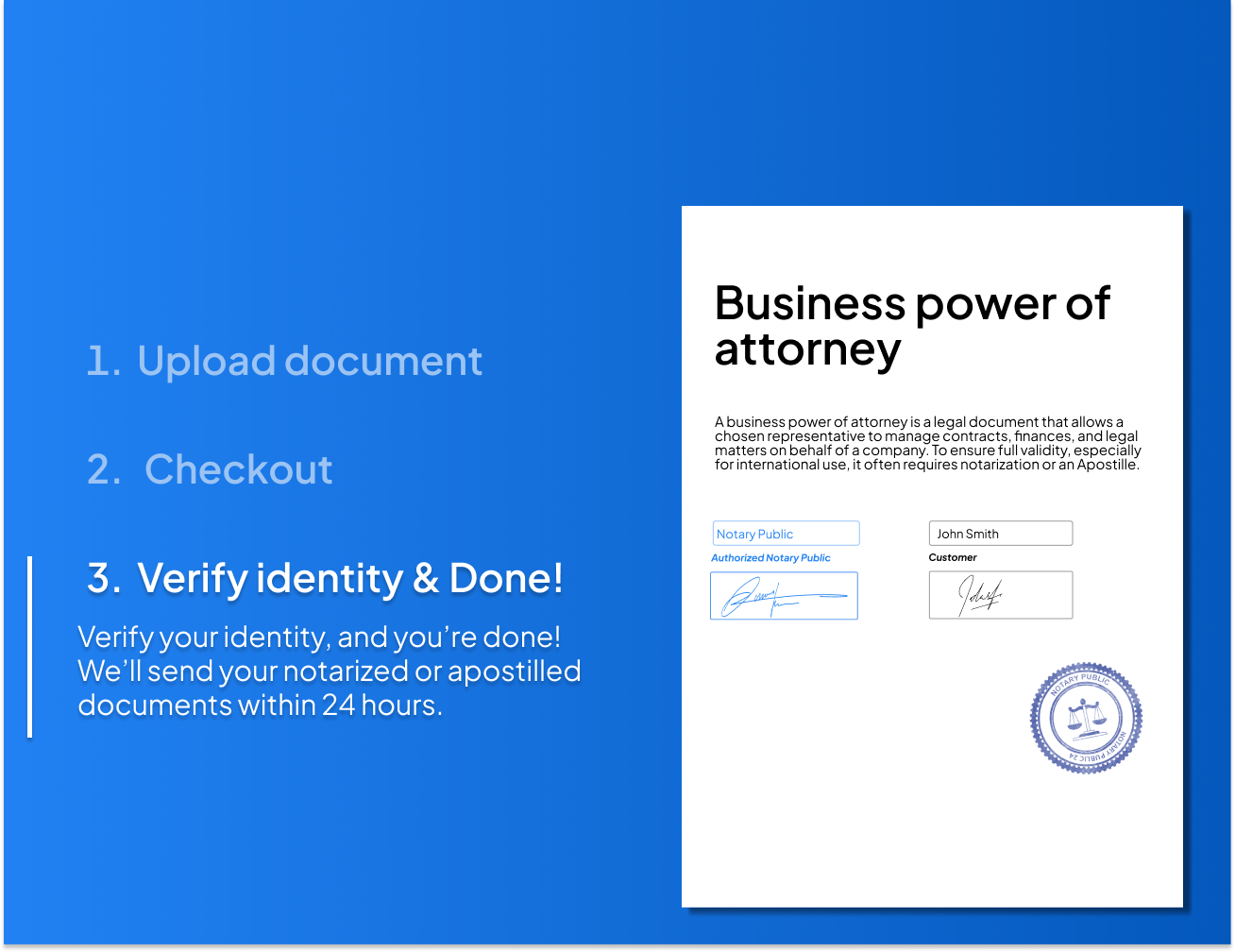 Business Power of Attorney document example with NotaryPublic24 online notarization and Apostille service – fast, secure, and legally valid process for managing company contracts, finances, and legal matters.