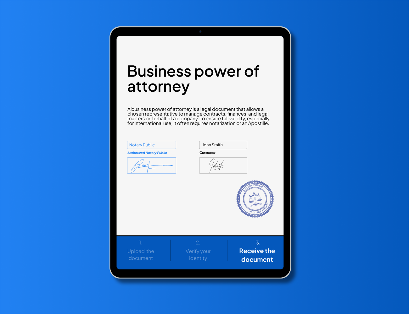 Digital Business Power of Attorney form on tablet – NotaryPublic24 makes it easy to create, notarize, and Apostille business legal documents online for international recognition and compliance.