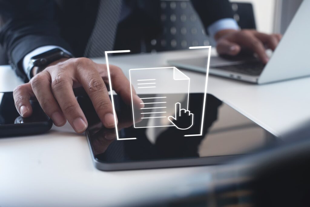 Business professional using digital authentication system for E-Apostille 2025 – secure online notarization and document verification concept by NotaryPublic24.