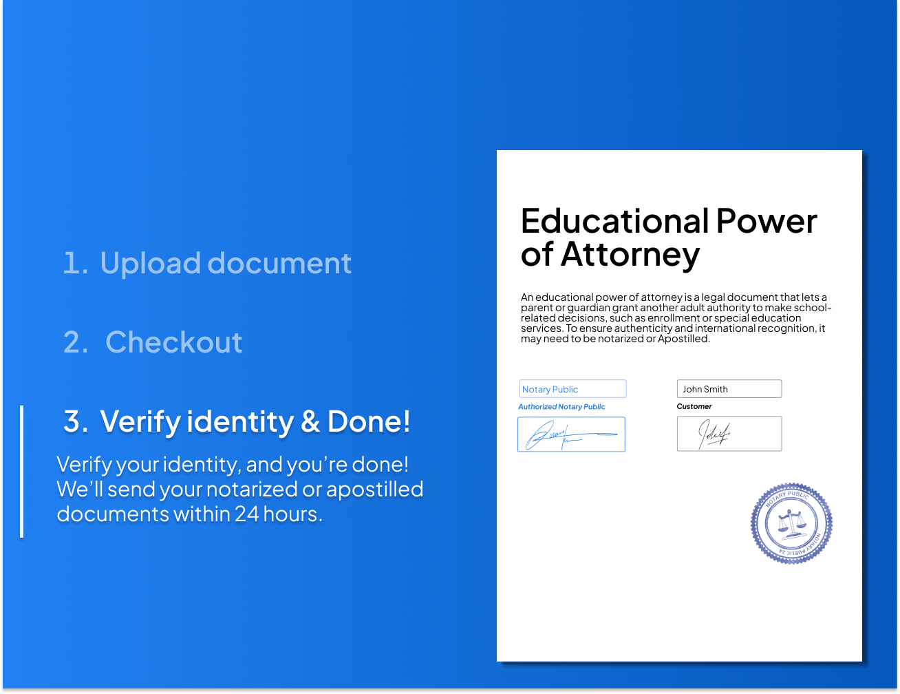 Educational Power of Attorney form example – parents or guardians can authorize another adult for school-related decisions like enrollment or special education. Online notarization and Apostille available with NotaryPublic24.