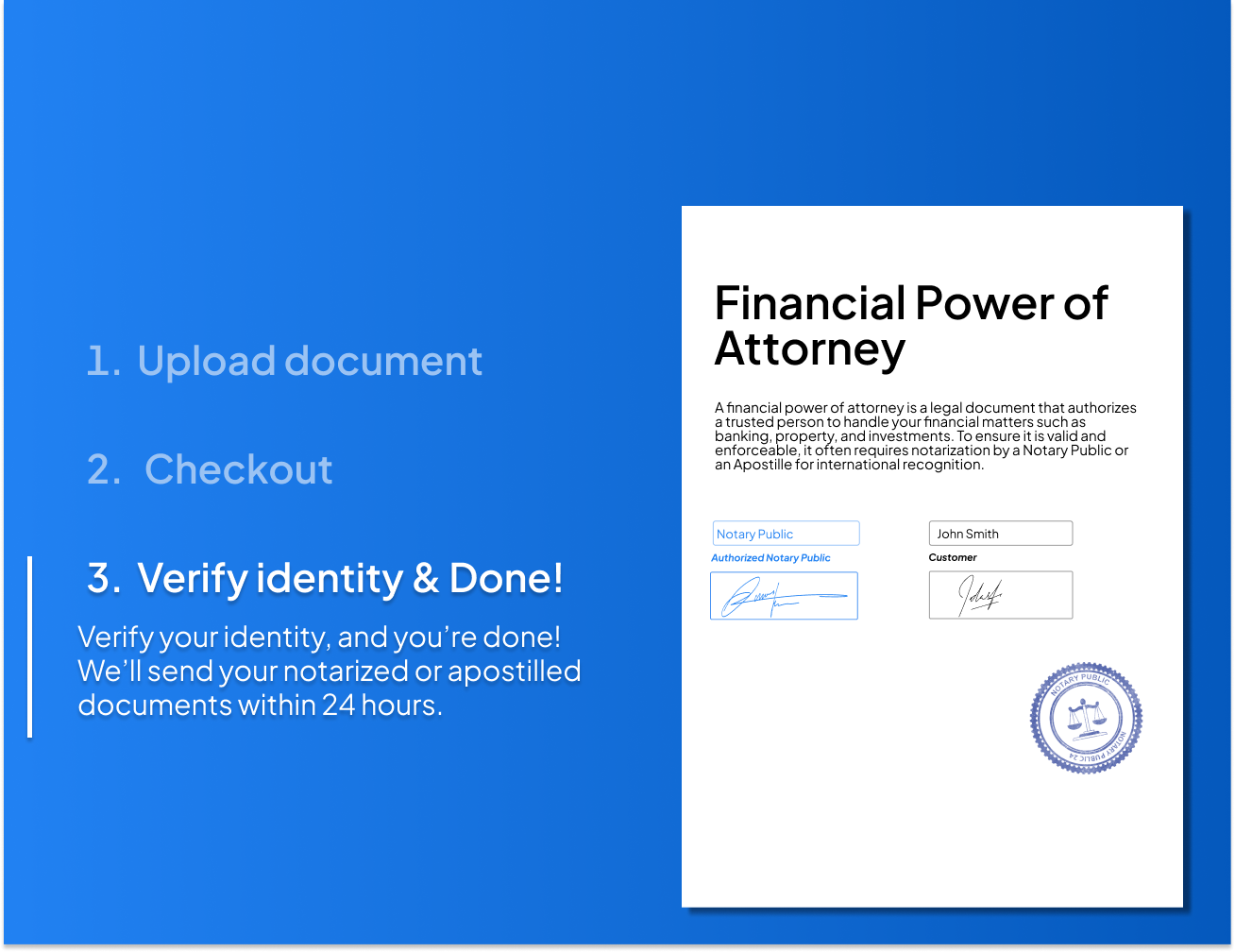 Step-by-step process to create and notarize a Financial Power of Attorney online with NotaryPublic24 – upload your document, checkout, verify identity, and receive notarized or Apostilled documents within 24 hours.