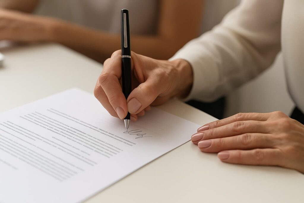 Close-up of a person signing a Name Change Affidavit form with a black pen on a white desk, symbolizing legal document notarization and identity verification — Notary Public online service at NotaryPublic24.com