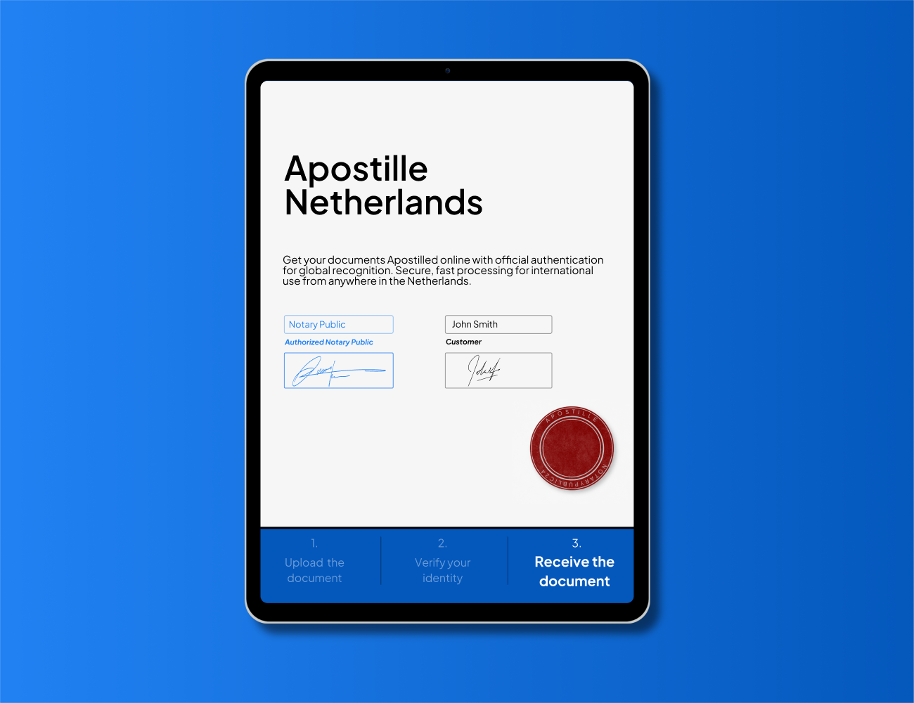 Online Apostille service Netherlands showing digital Apostille certificate, official authentication, and international document legalization on a tablet.