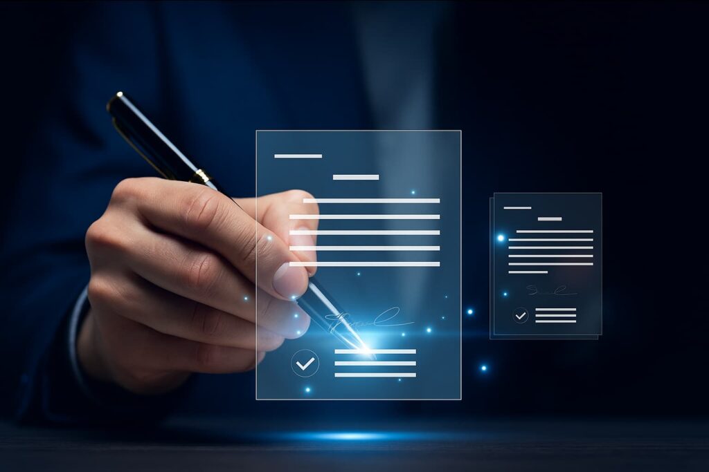 Close-up of a professional hand signing digital documents with a glowing e-signature interface, representing emerging trends in online notarization and apostille services for 2026 and beyond with NotaryPublic24.