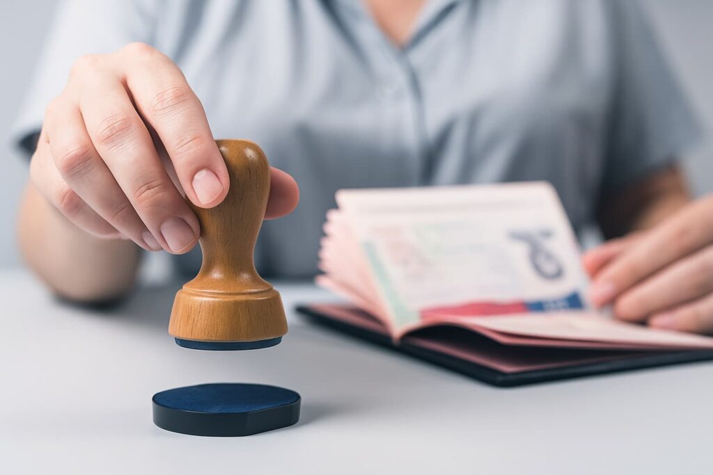 Close-up of a notary stamping travel and immigration documents next to an open passport, symbolizing the importance of apostille and notarization for relocation and immigration paperwork when moving abroad with NotaryPublic24.