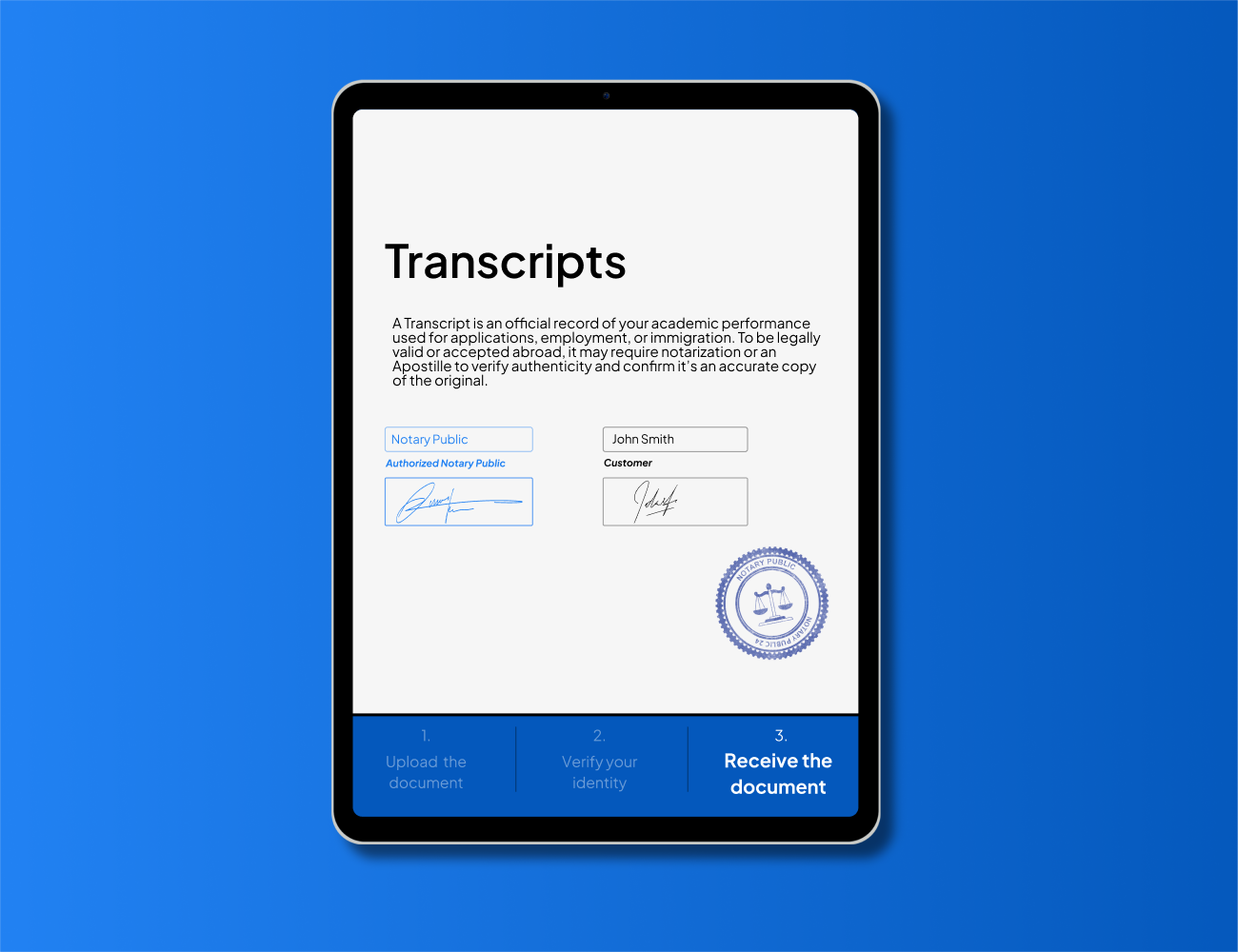 Notarized transcript document displayed on tablet with digital notary seal by NotaryPublic24.