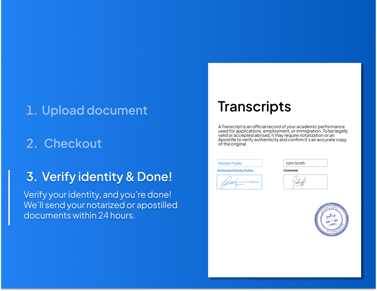 Online transcript notarization process with identity verification step on NotaryPublic24.