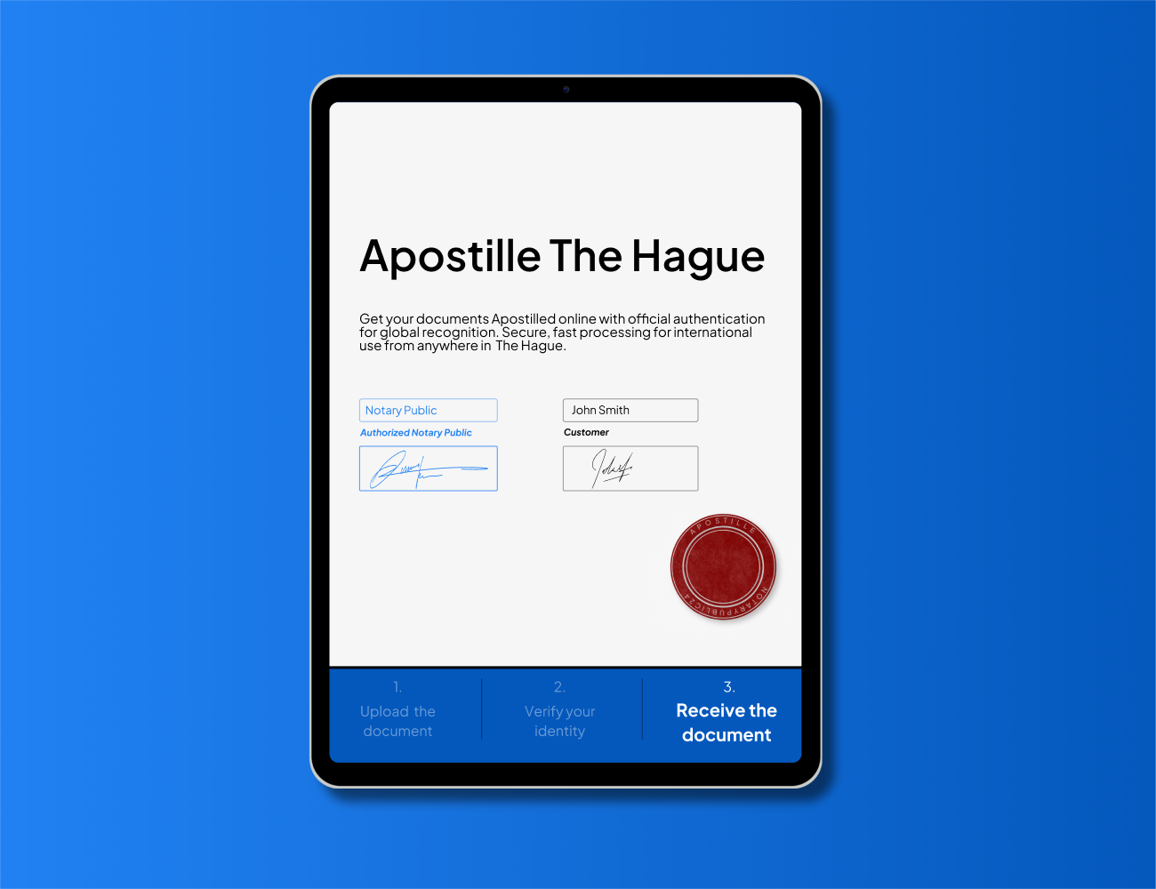 Apostille The Hague online service with digital Apostille certificate and authentication seal for international document legalization.