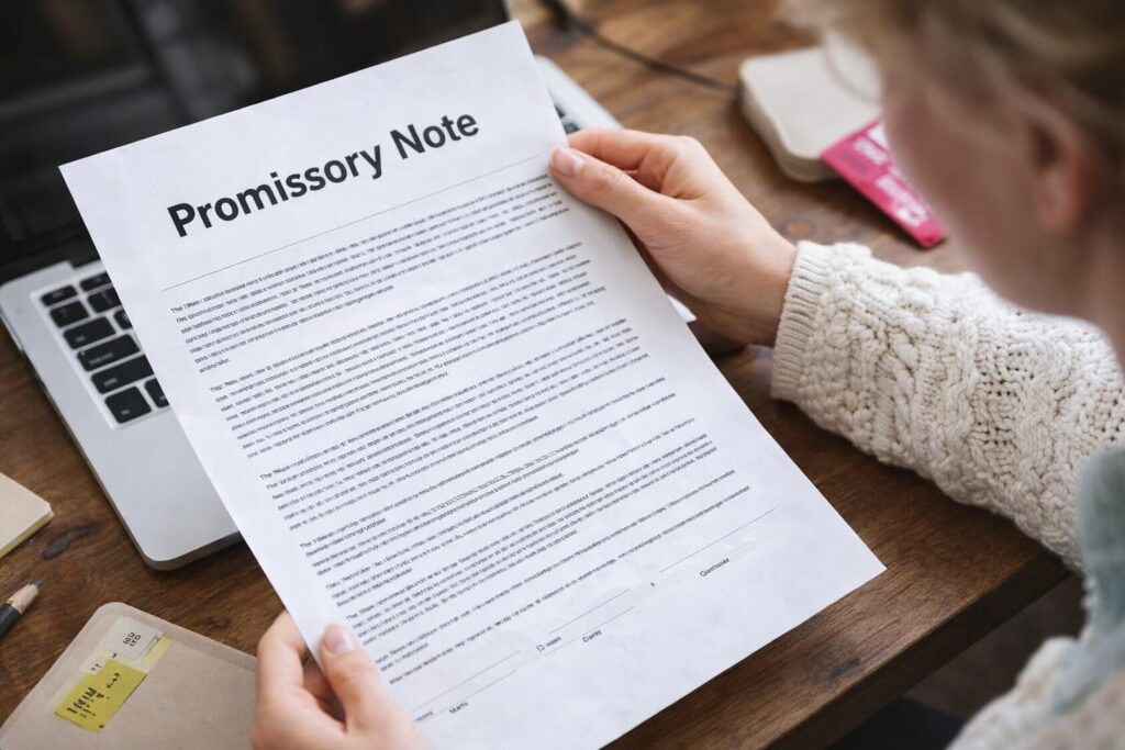Promissory Note example showing a written loan agreement, explaining promissory note meaning and definition, prepared for notarization by NotaryPublic24