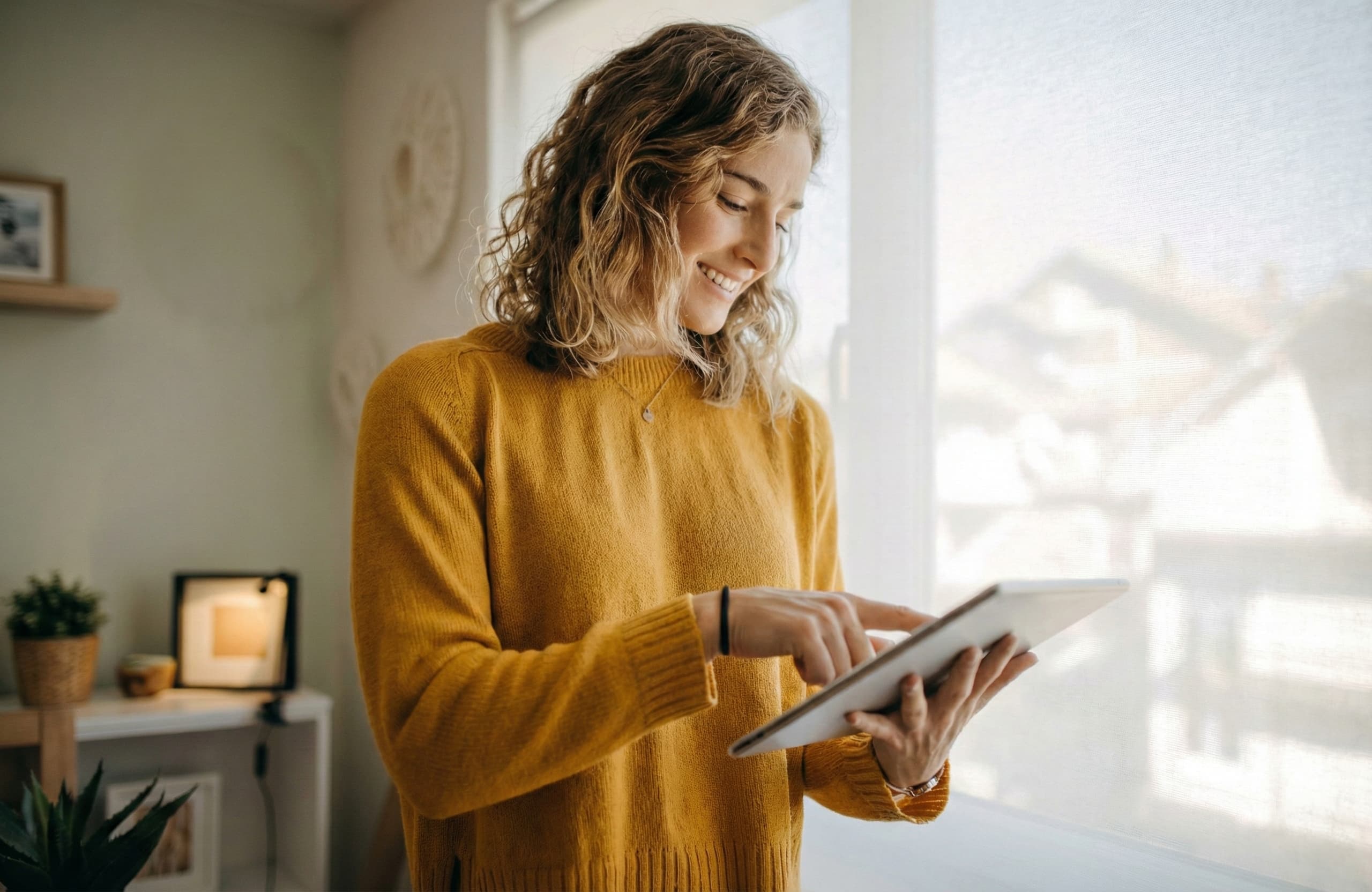 Woman completing an Affidavit of Residence online on a tablet at home for remote notarization and proof of address verification at NotaryPublic24
