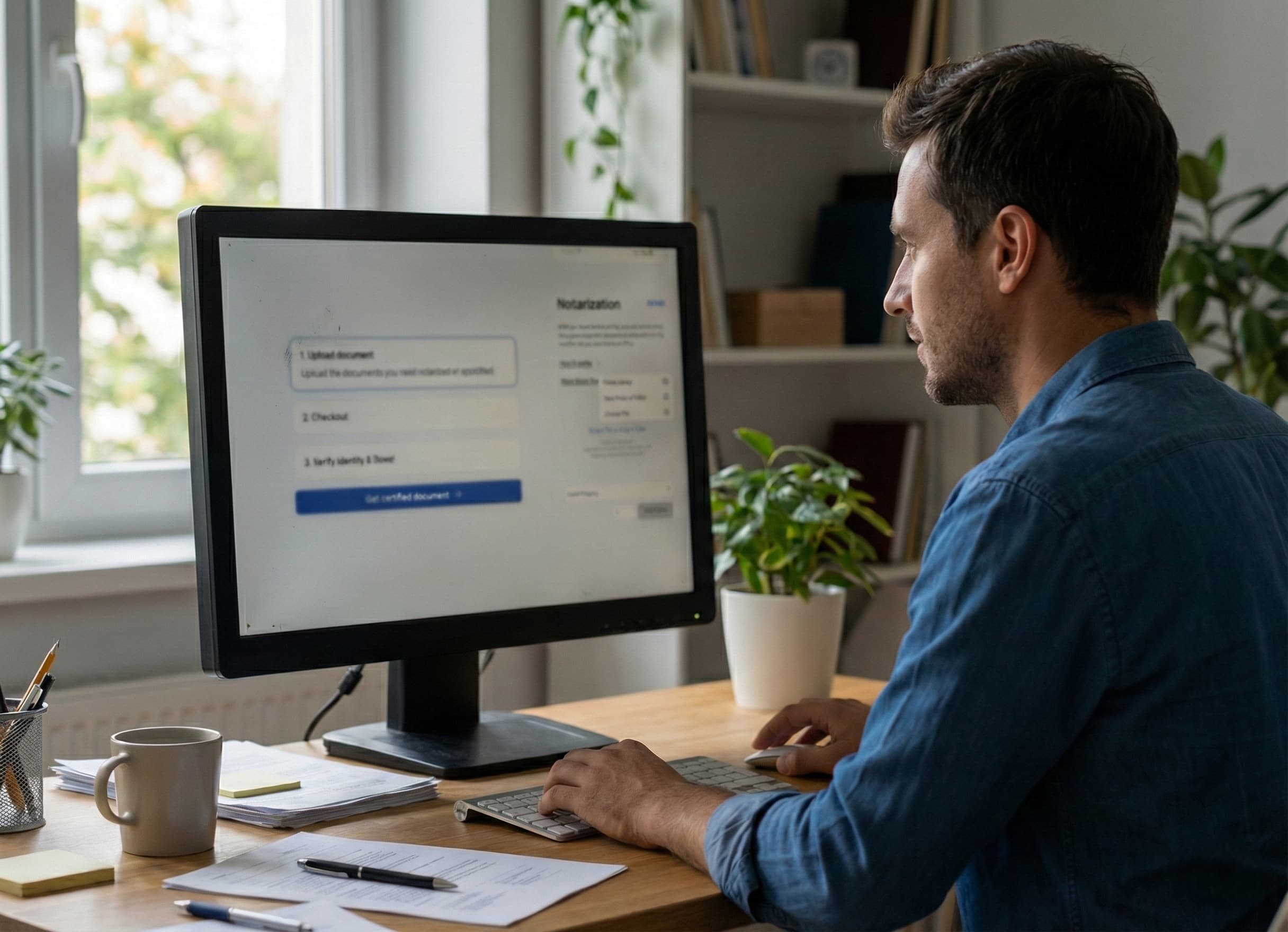 Man using a computer to upload and notarize documents online with a remote online notary service – digital notarization process on NotaryPublic24
