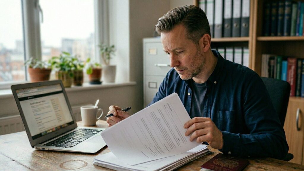 Man reviewing official documents with passport on desk – apostille vs notarization process