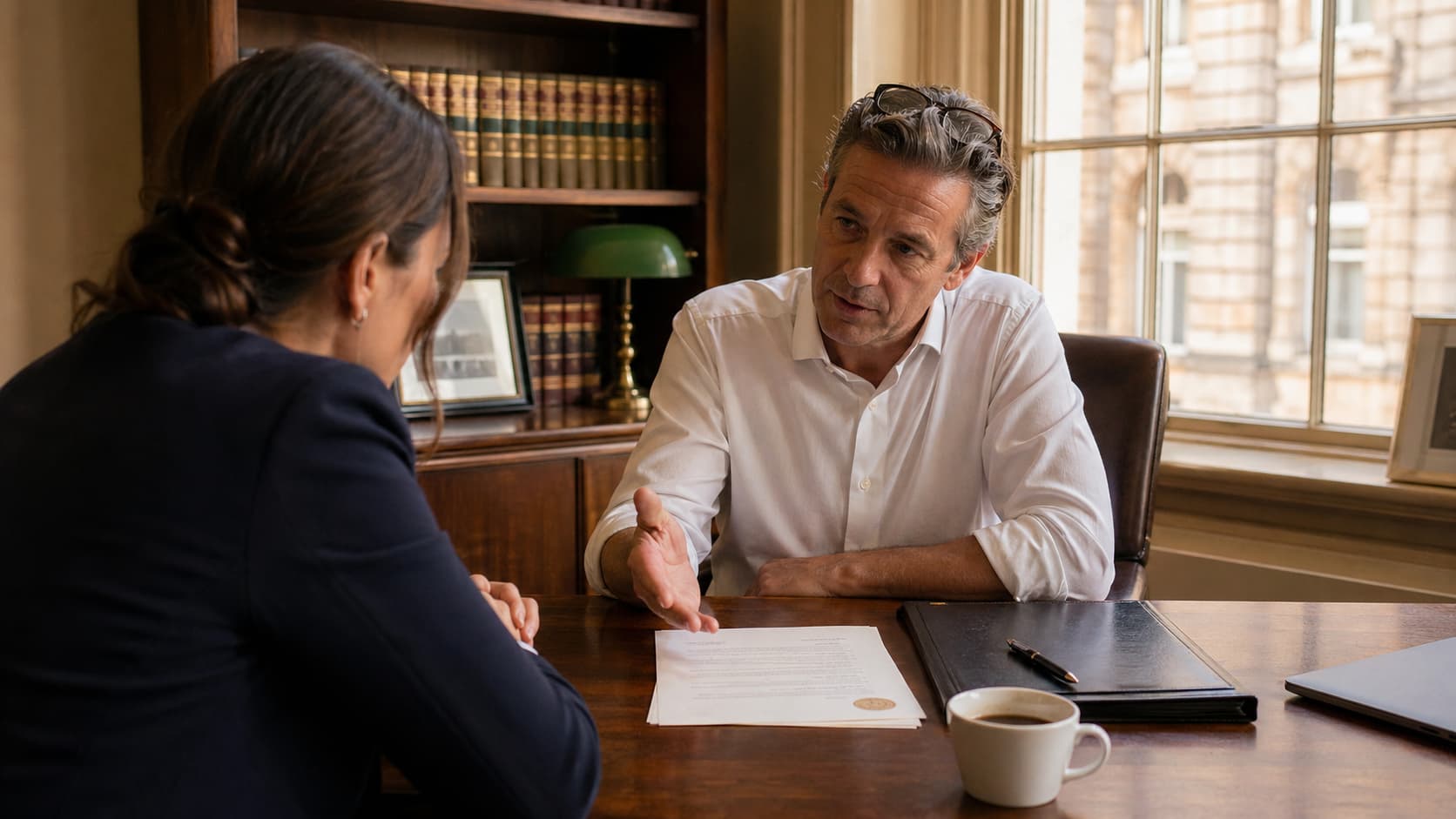 Solicitor in shirt sleeves explaining a notarised document to a client at a sunlit desk in a London office - notary vs solicitor.
