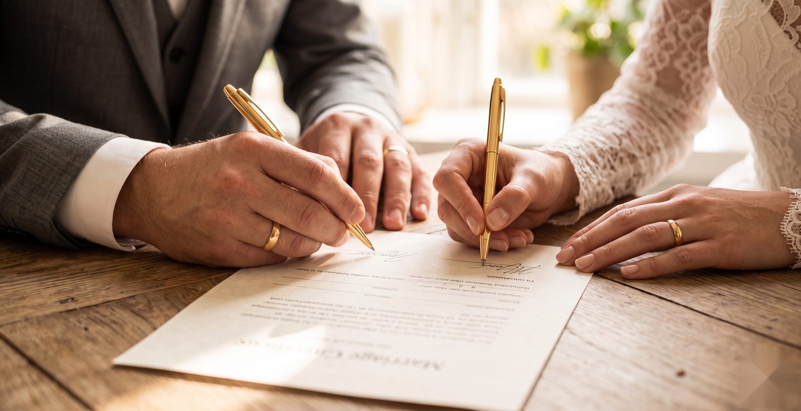 Couple signing a marriage certificate after obtaining a notarized single status certificate for marriage abroad