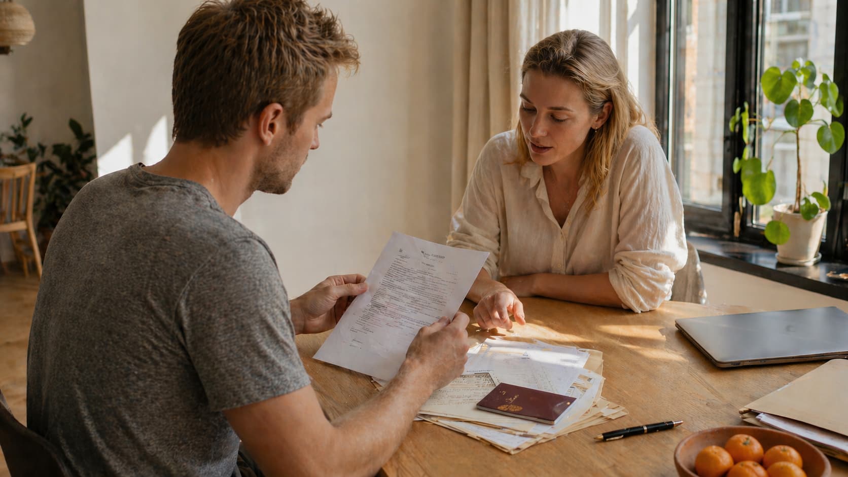 Scandinavian couple at a sunlit kitchen table reviewing what documents need to be notarized