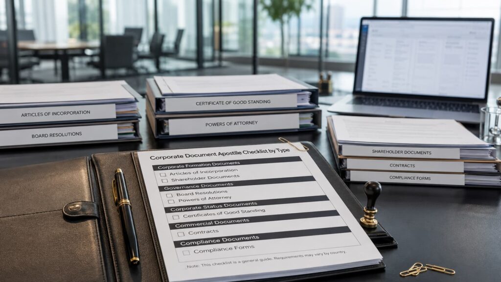 Corporate Document Apostille Checklist with labelled binders for Articles of Incorporation, Board Resolutions, Certificate of Good Standing and Powers of Attorney – NotaryPublic24